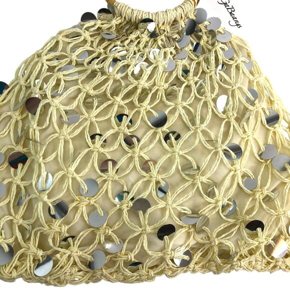 Vintage Style GaBaangs Handbag Beige Woven Macramé Sequin Details Bamboo Handles - Picture 3 of 8